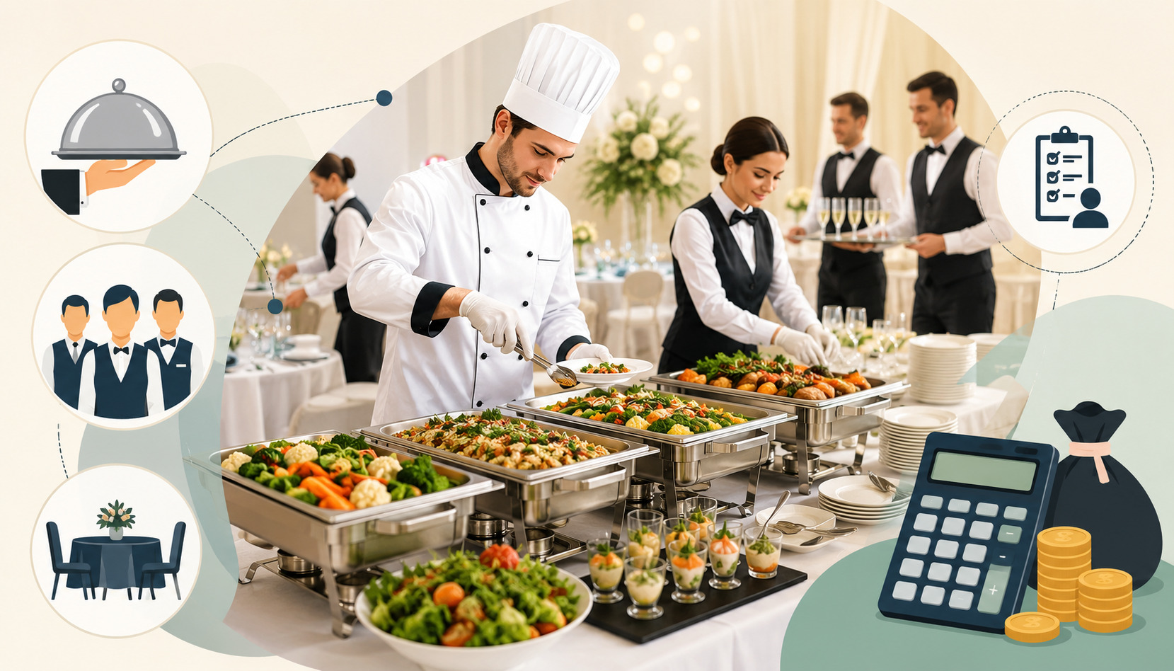 Professional catering staff serving buffet food at an elegant event with catering service icons, staffing visuals, and cost management illustration in the background