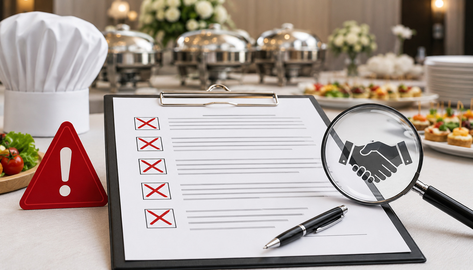 Professional catering contract review illustration with event planning documents, legal agreement elements, catering icons, and business professionals discussing terms in a modern hospitality setting