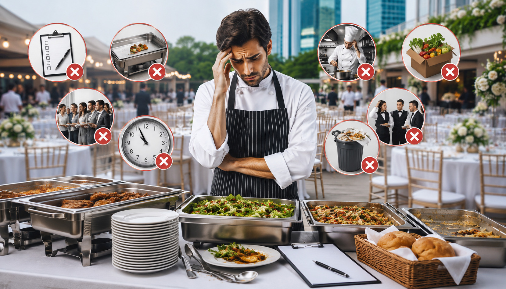 Stressed caterer standing at a buffet setup during a large outdoor event with food trays, serving tables, and warning icons representing common catering mistakes such as poor planning, food waste, delays, and staffing issues