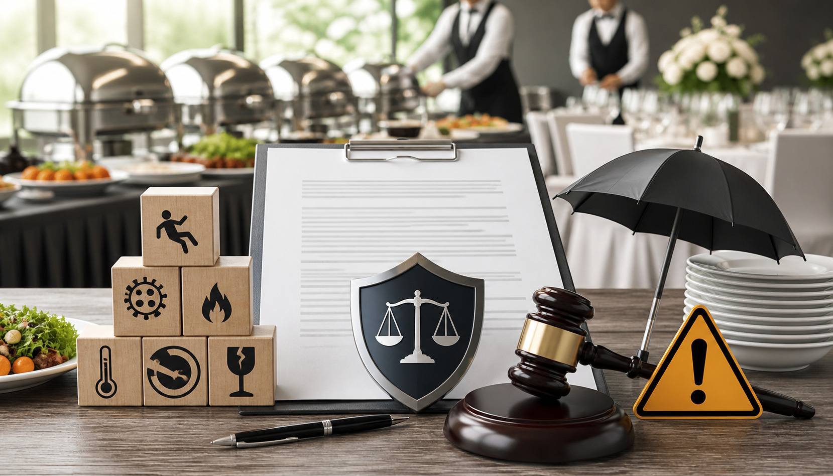 Professional catering agreement liability concept with banquet setup, legal protection symbols, food safety risk icons, and event catering background scene