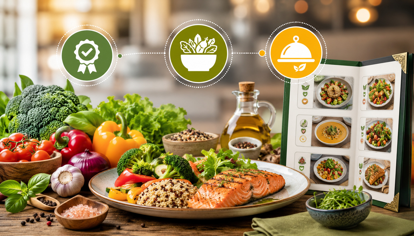 Fresh healthy meal with grilled salmon, quinoa, colorful vegetables, quality food icons, and restaurant menu selection concept