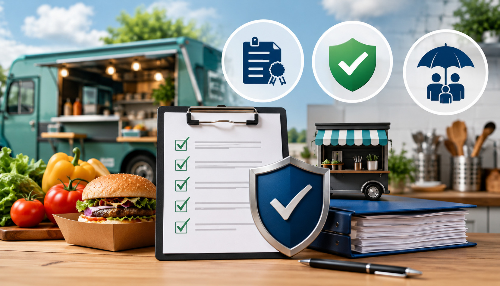 Food safety compliance illustration with permits, insurance protection, inspection checklist, food truck, and fresh ingredients in a commercial kitchen setting