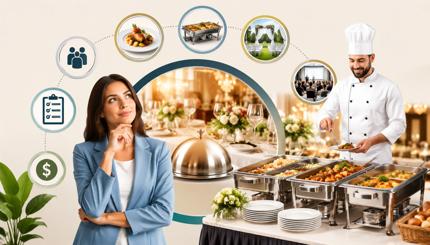 Elegant catered event setup with diverse gourmet dishes, professional catering staff, banquet tables, serving trays, and decorative event ambiance for weddings, corporate events, and private parties