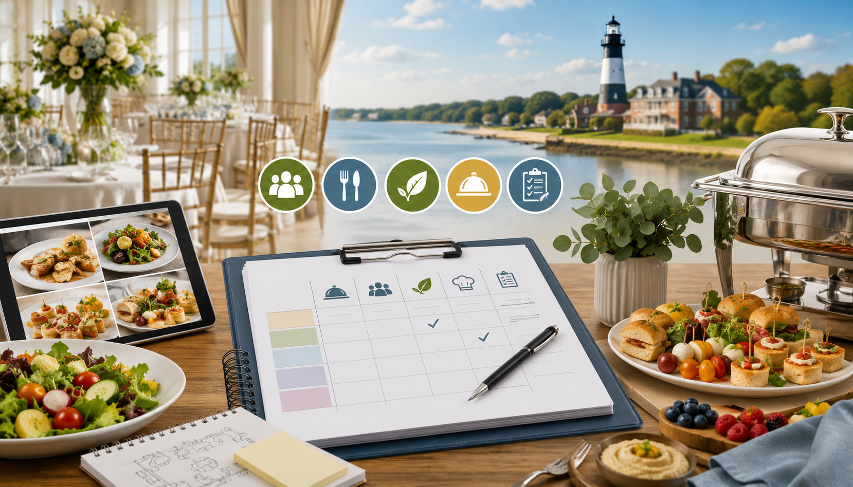 Elegant event menu planning setup with gourmet appetizers, catering checklist, tablet displaying food options, and waterfront Delaware venue background with hospitality icons
