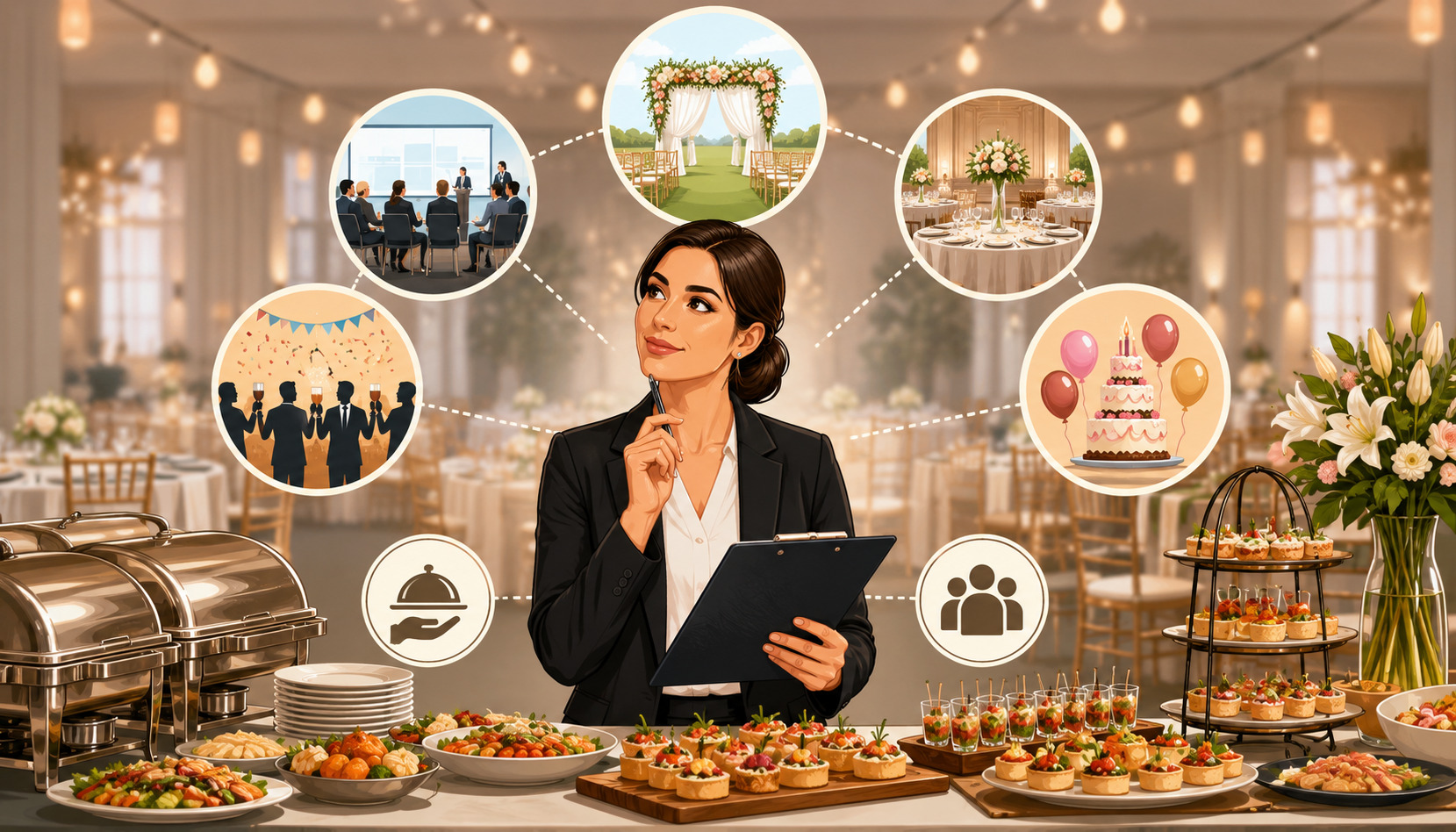 Professional catering coordinator planning multiple event types with buffet setup, banquet hall background, and icons representing weddings, corporate events, parties, and catering services