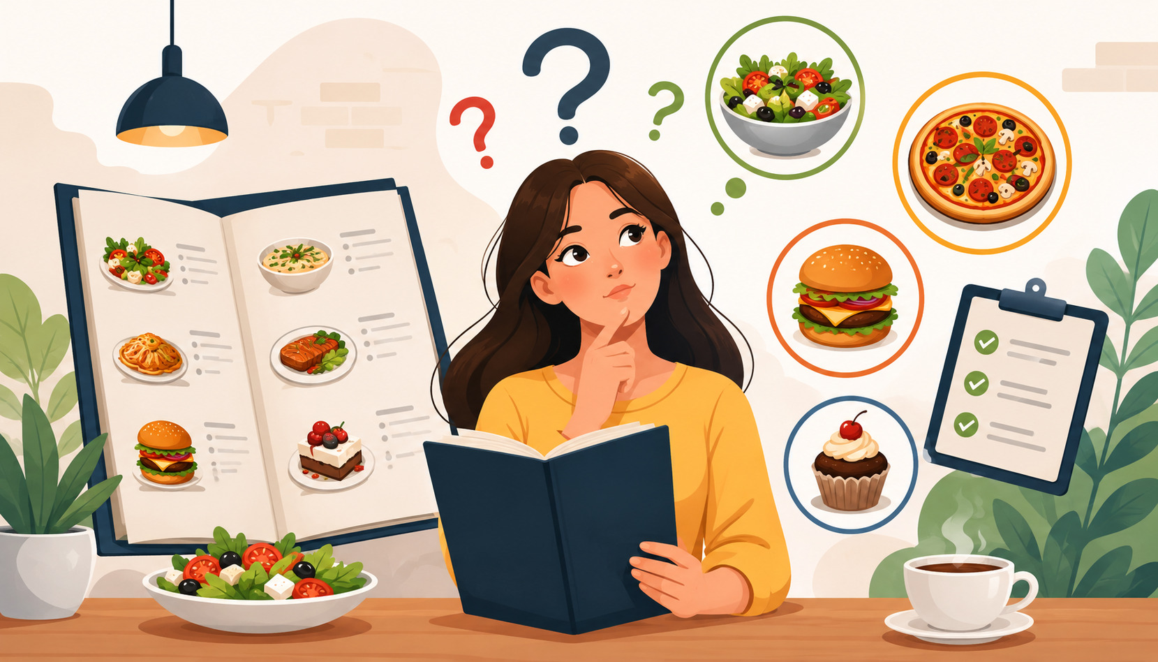 Woman reviewing restaurant menu with illustrated food options, meal icons, and checklist in a modern café setting