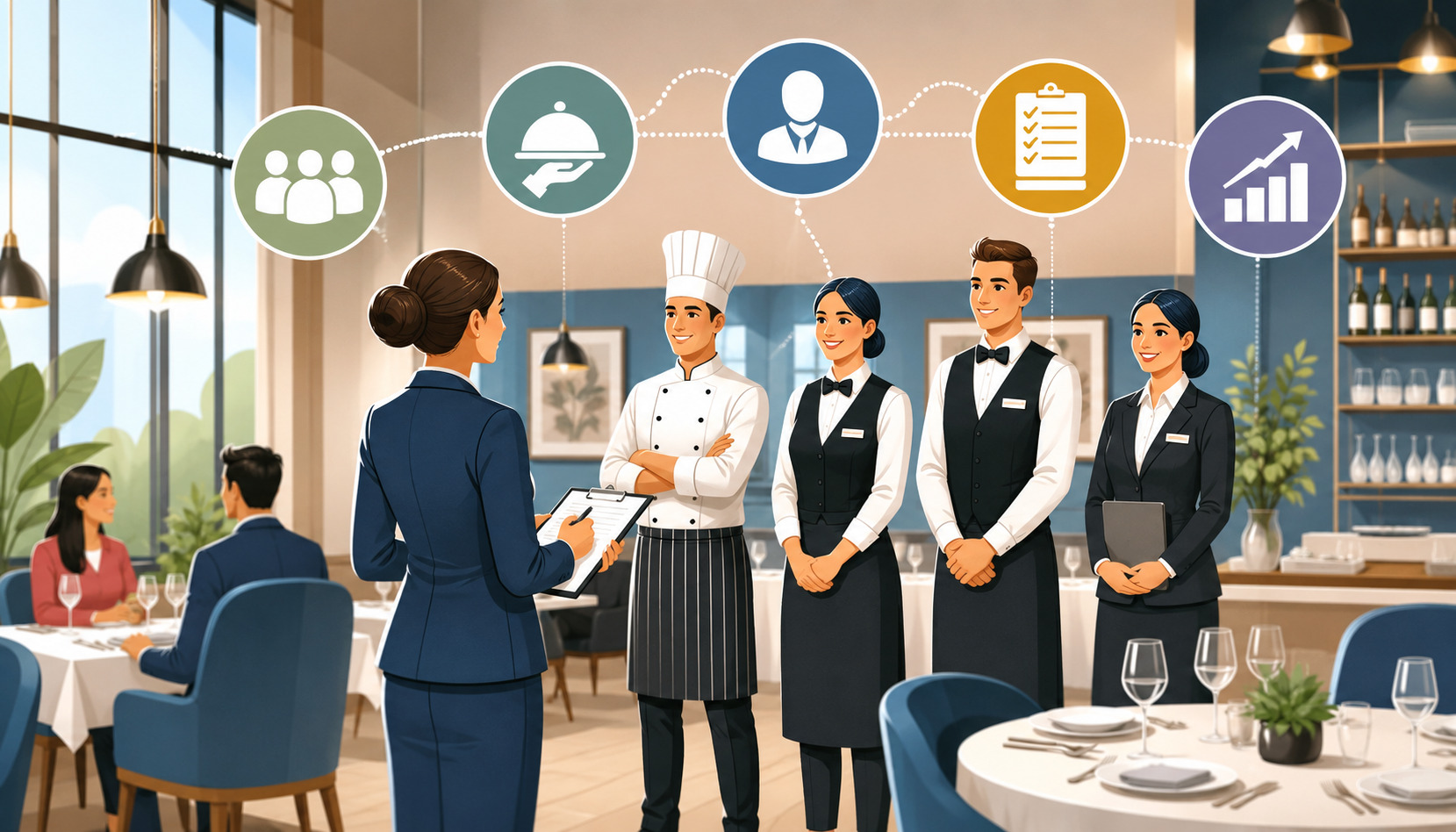 Professional restaurant manager briefing hospitality staff in an upscale dining environment with service, staffing, and performance management icons in the background