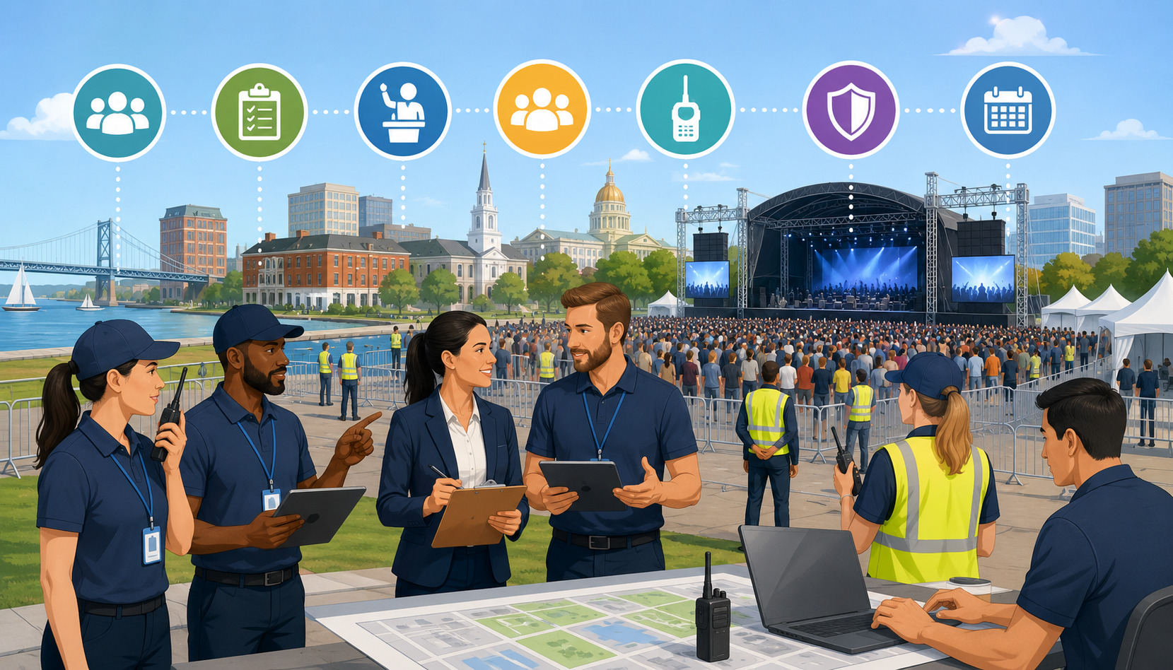 Event staffing team coordinating security, logistics, and crowd management for a large outdoor festival in Delaware with concert stage and city waterfront in the background