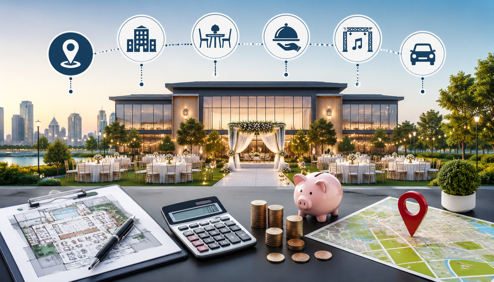 Elegant outdoor event venue with wedding-style banquet setup, budgeting tools, venue map, and logistics icons representing event location planning and cost management.