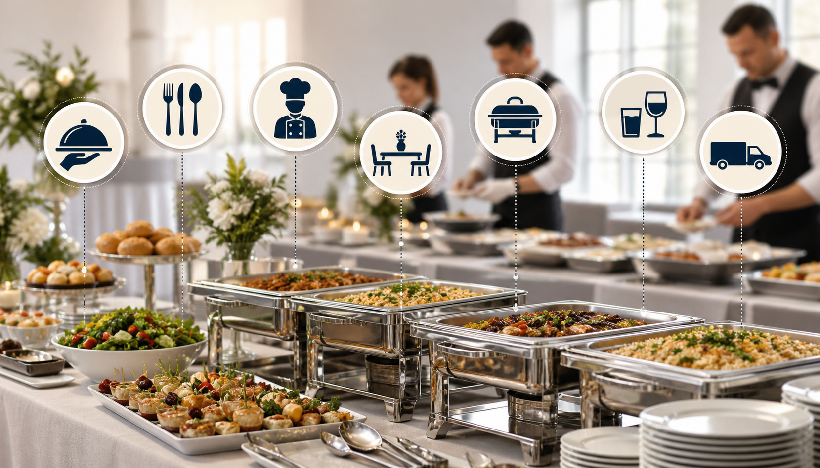 Elegant Delaware catering service setup with buffet table, professional servers, gourmet food trays, and catering service icons in a modern event venue