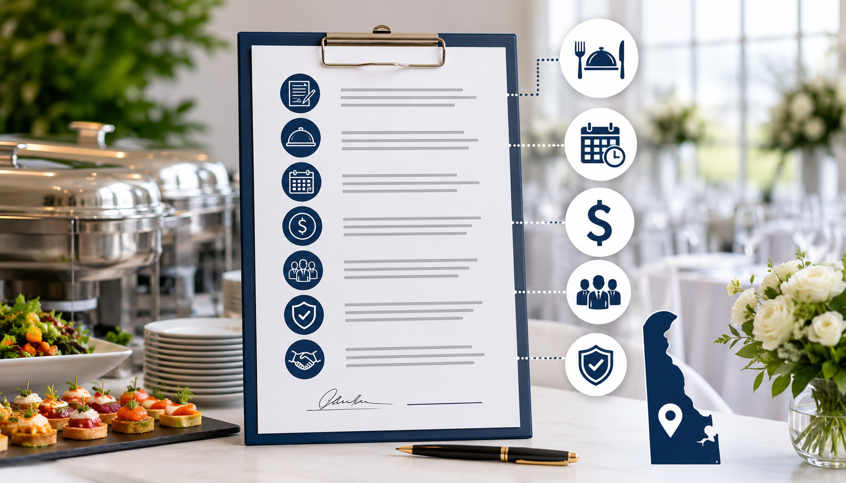 Delaware catering contract illustration with event catering setup, legal agreement clipboard, catering service icons, buffet dishes, and banquet background