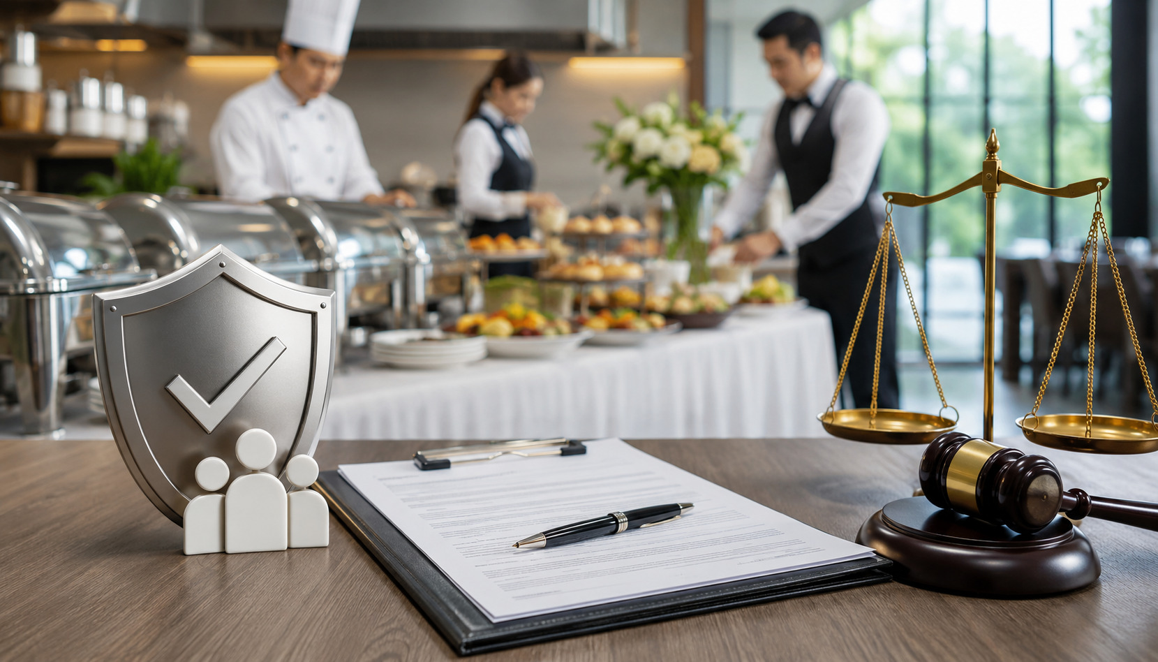 Professional catering contract liability illustration with legal documents, shield icon, gavel, balance scale, and catering staff preparing food in the background