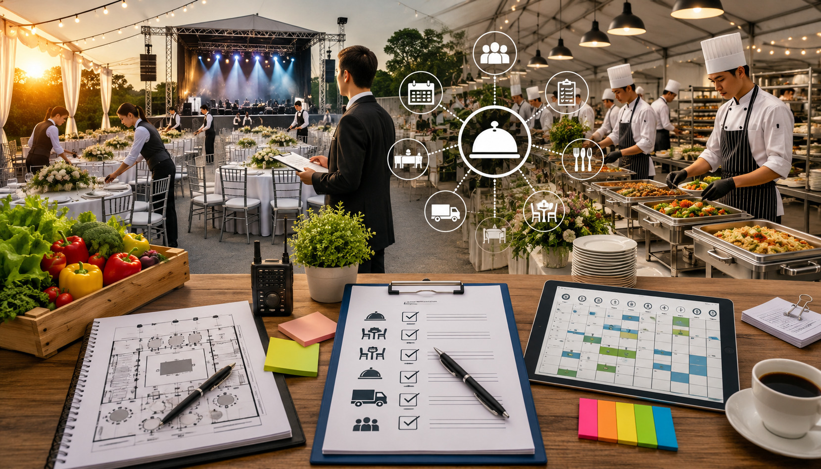 Large-scale event catering setup with chefs preparing buffet meals, banquet tables arranged for guests, and event planning tools with scheduling and logistics icons in the background